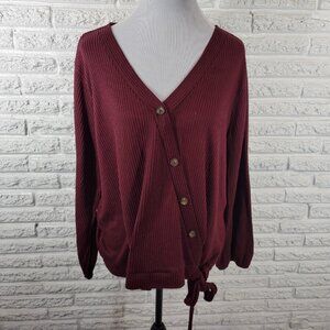 Fred David Womens Sweater 3X Plus Cardigan Ribbed Burgundy Tied Front BUR18E